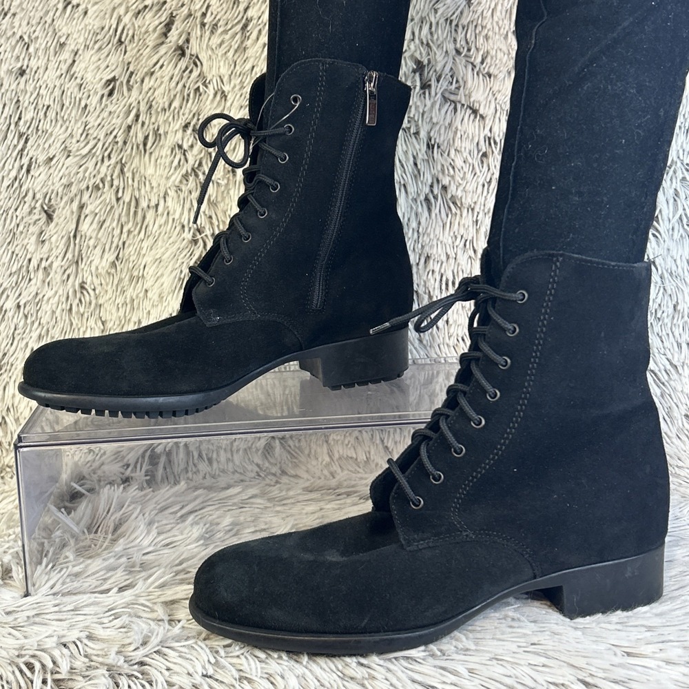 New La Canadienne Spidey Women Black Suede Leather Lace Up Zip Boots 8.5 38449‎